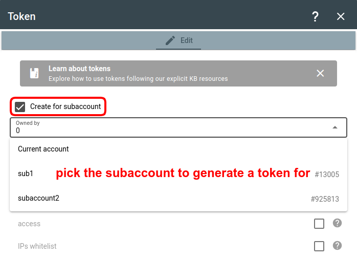 create token for subacccount