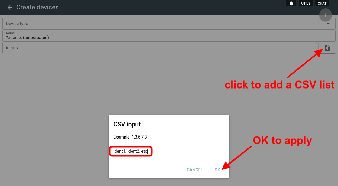 add idents as csv to create devices