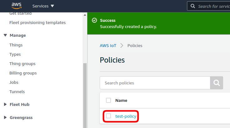 aws iot policy created