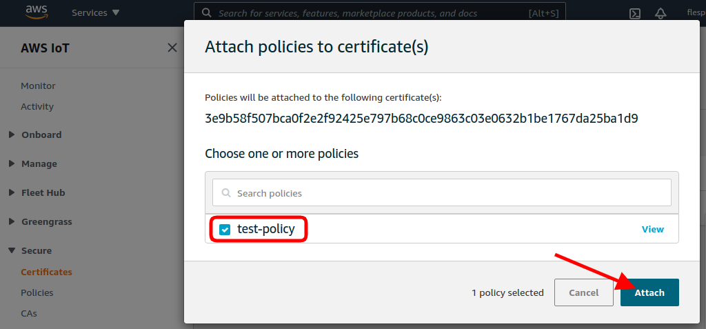 aws iot certificate policy attached