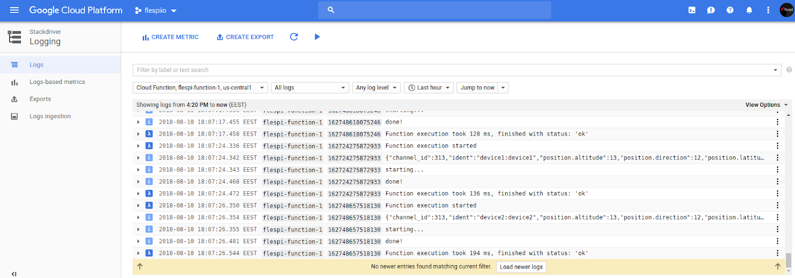 google cloud function log