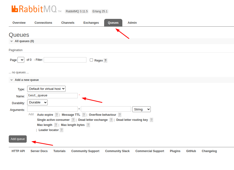 create a queue in rabbitmq manager
