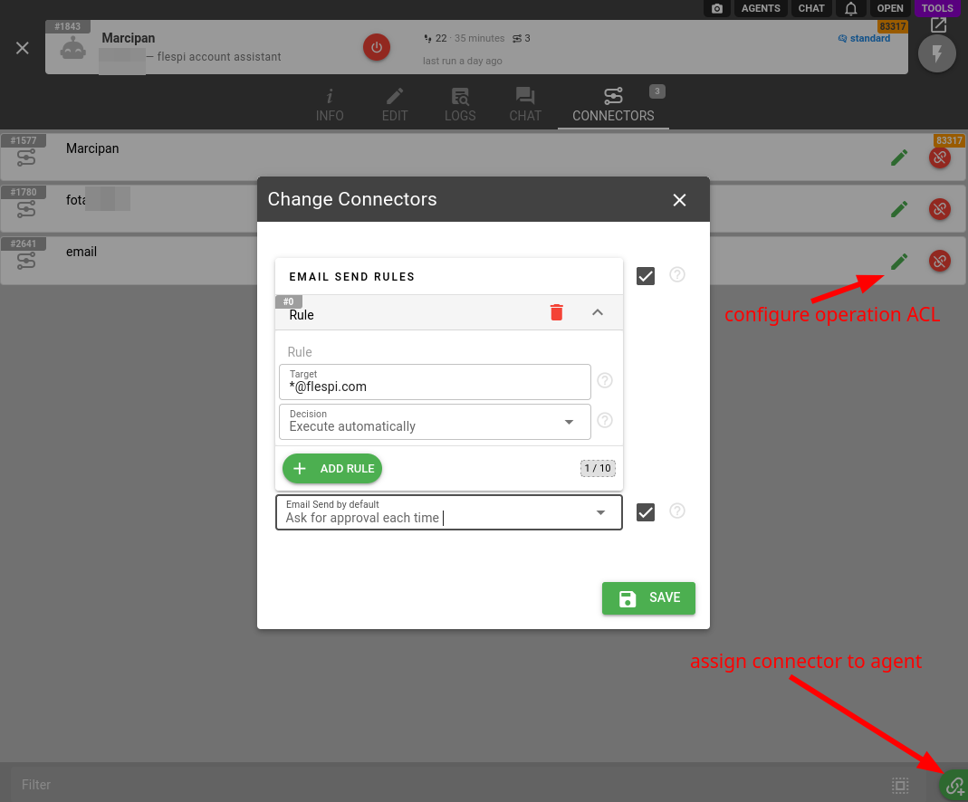 the email send rules of the AI agent connector