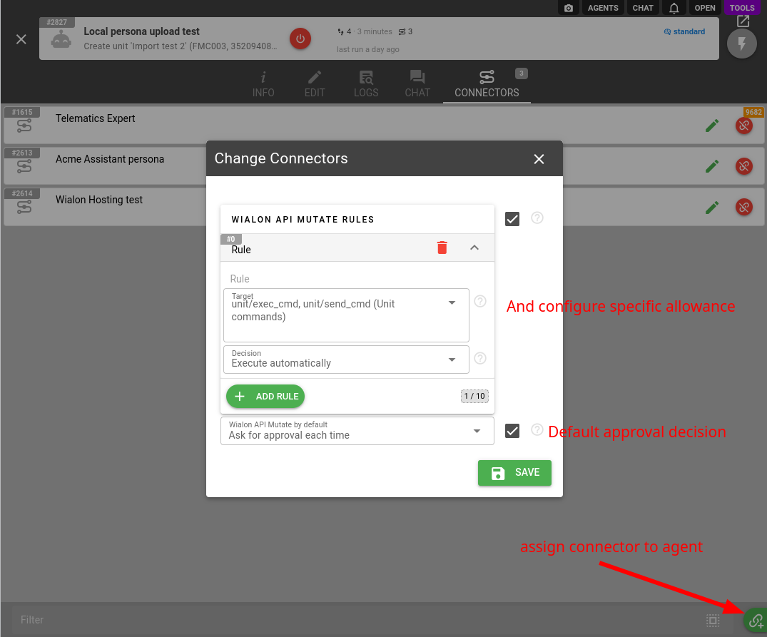 assign the wialon hosting connector to the AI agent