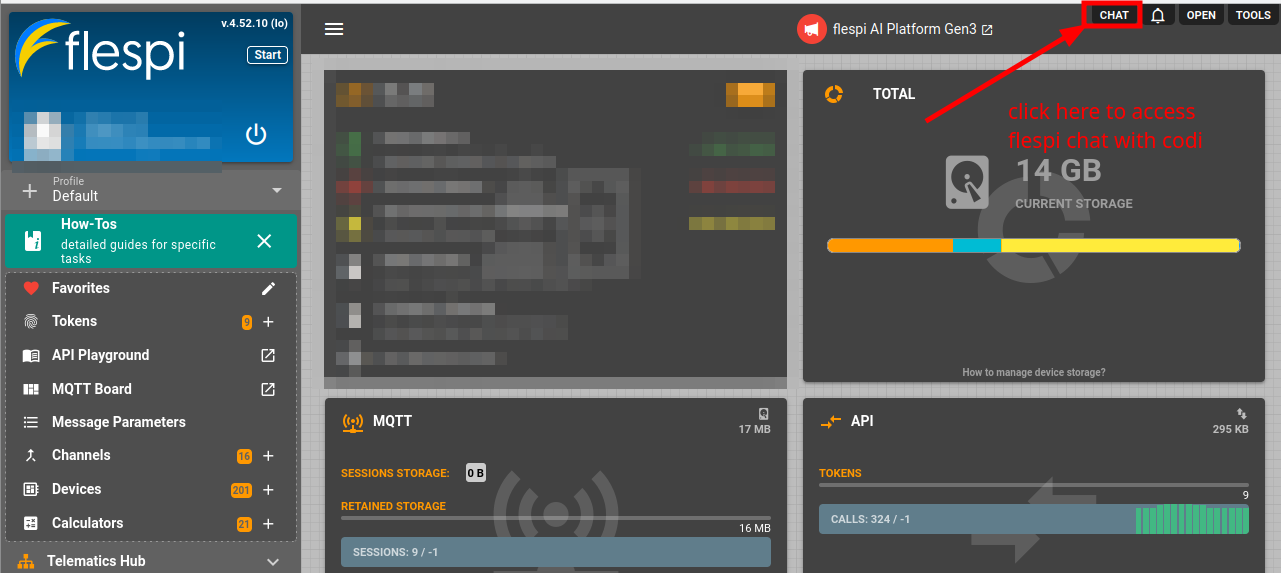 CHAT button in the flespi panel
