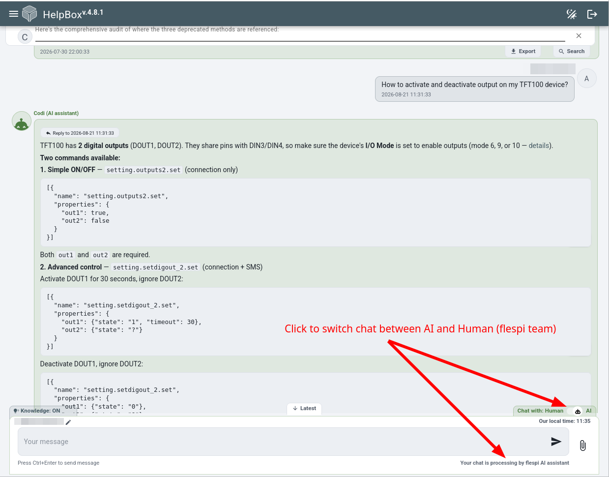 Chat with switch in the flespi chat