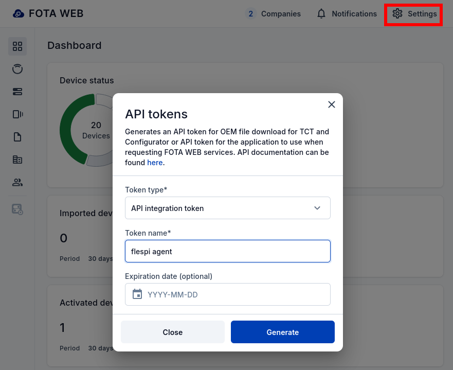 generate an API integration token in FOTA WEB settings