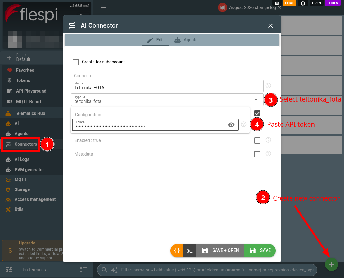create a teltonika_fota AI connector in the flespi panel