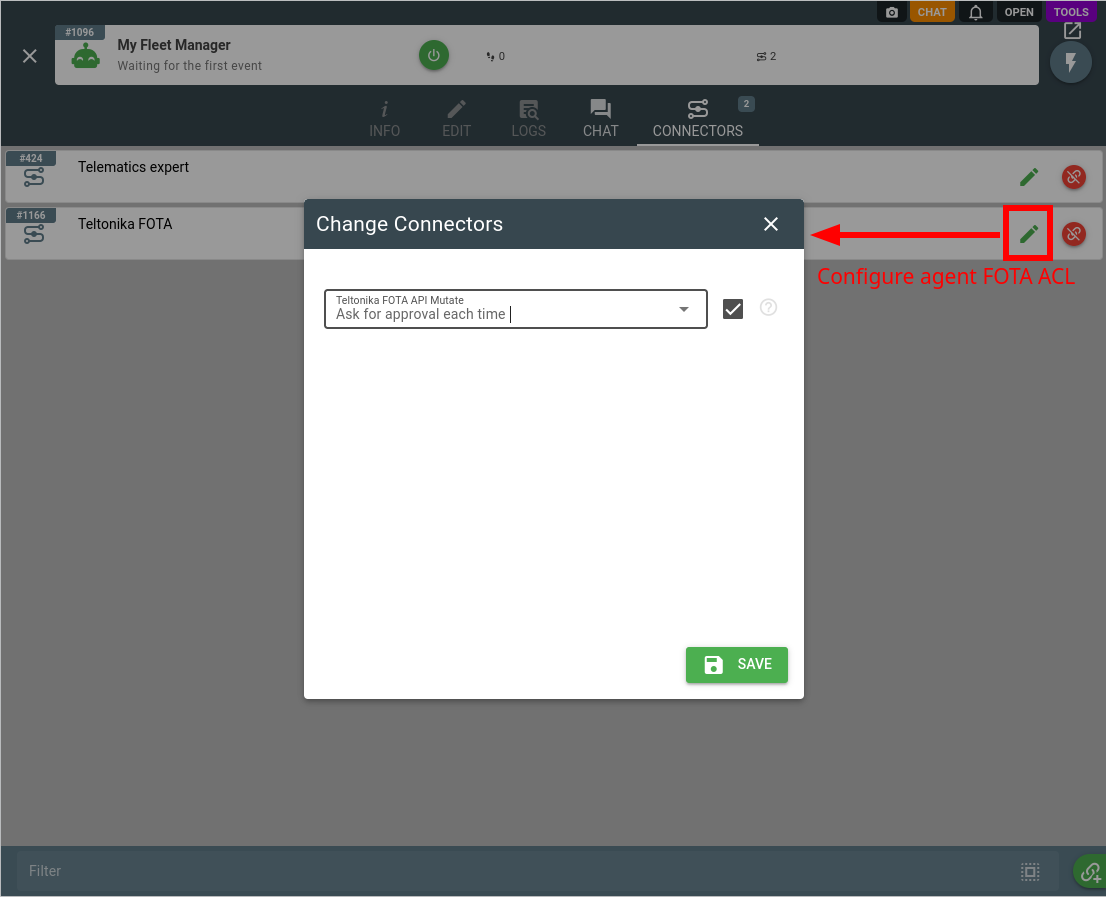 the Teltonika FOTA API Mutate rule of the connector assigned to the AI agent