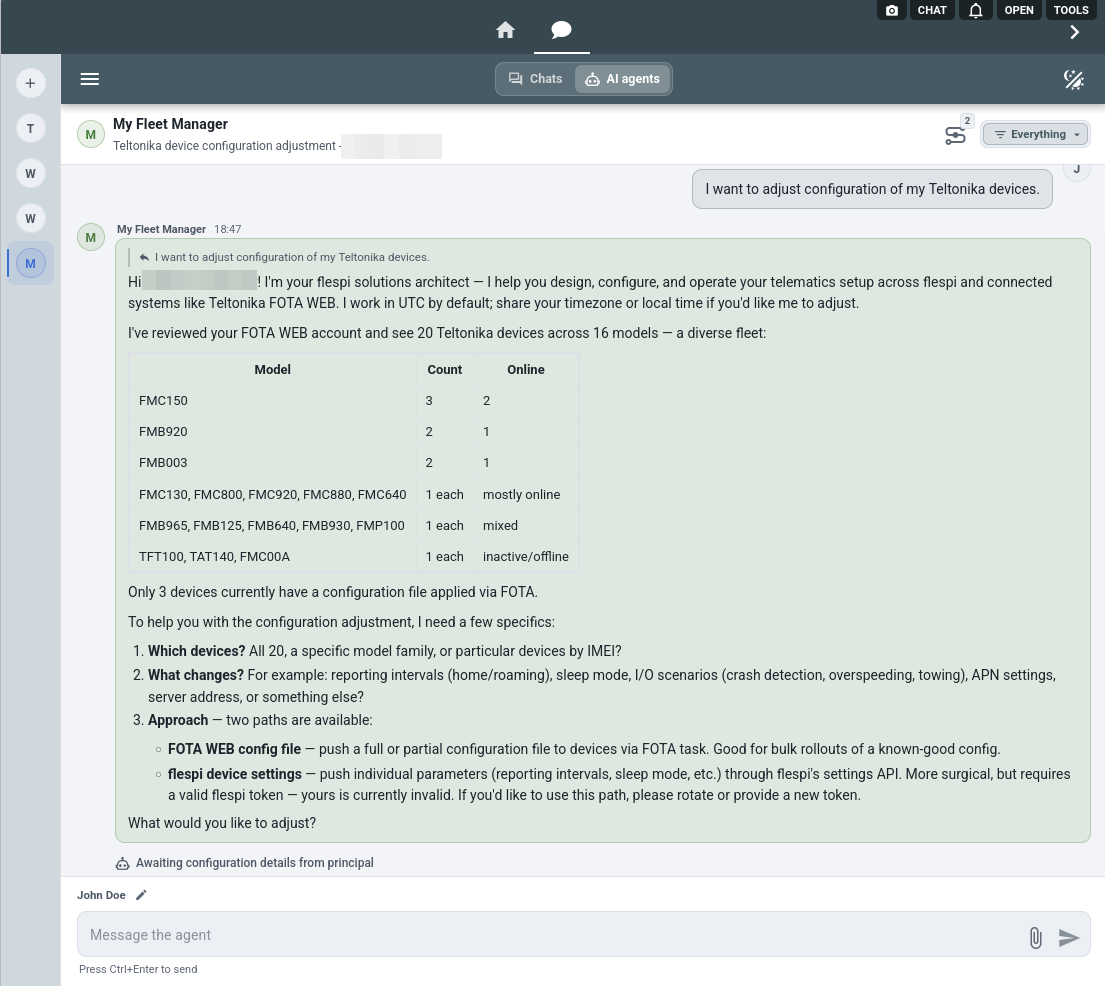 the AI agent summarizes the Teltonika fleet found in FOTA WEB