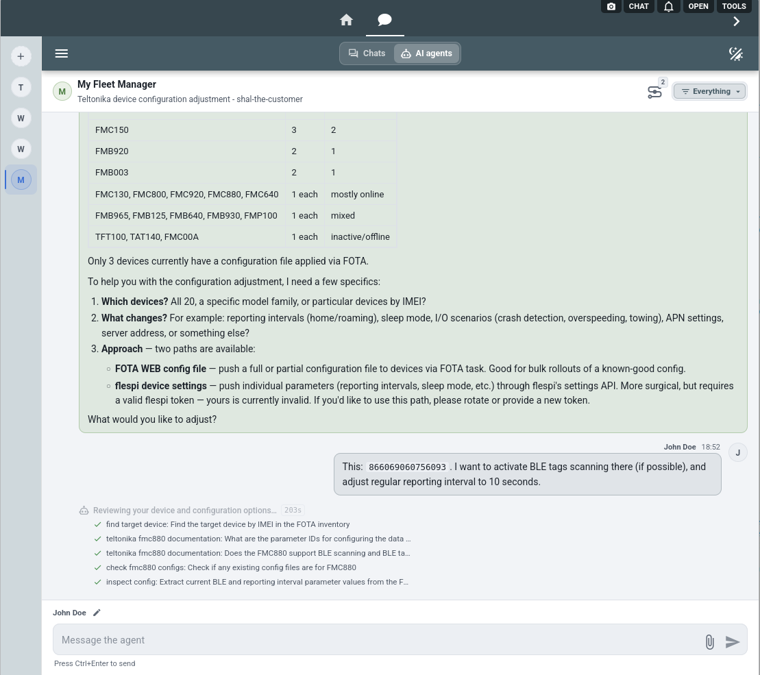 the AI agent researches the FMC880 parameters and the current configuration