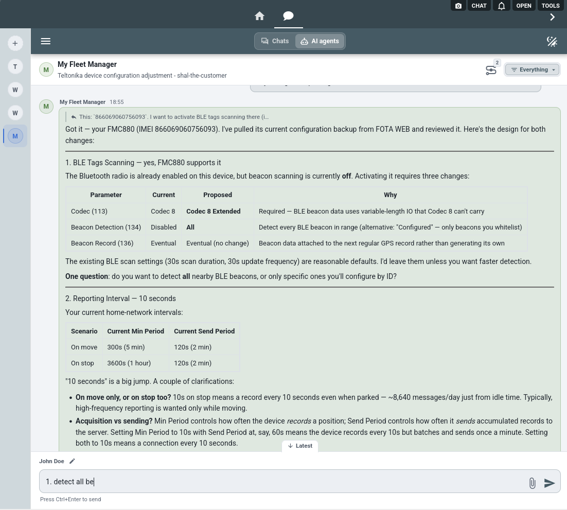 the AI agent proposes BLE beacon and reporting interval parameter changes