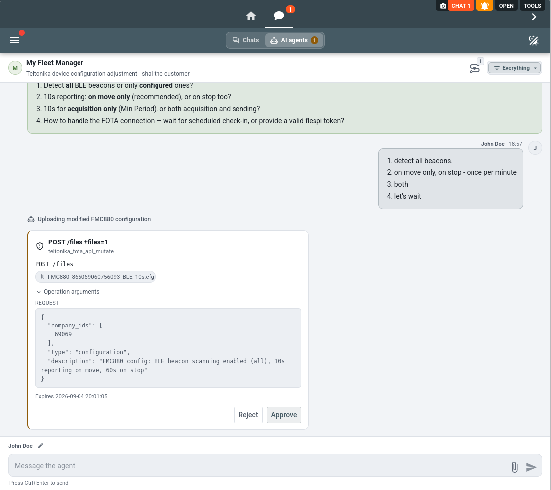 approval request of the configuration file upload to FOTA WEB