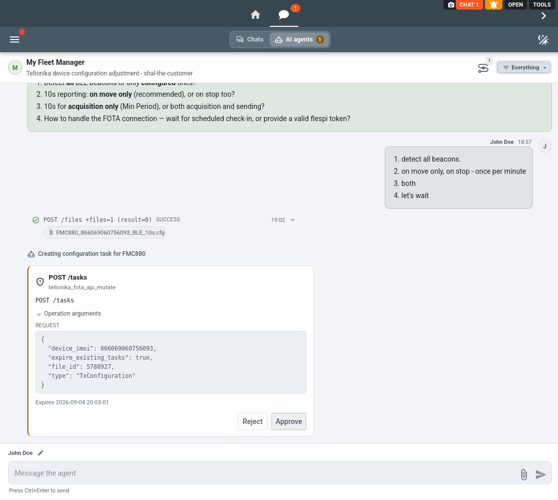 approval request of the TxConfiguration task creation