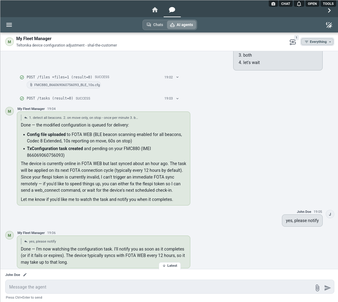 the AI agent reports the queued configuration task and watches it