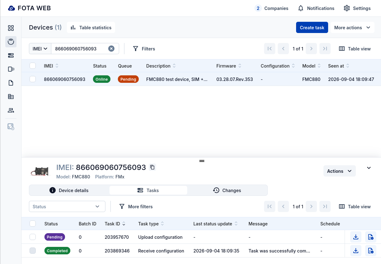 the configuration task created by the AI agent pending in FOTA WEB