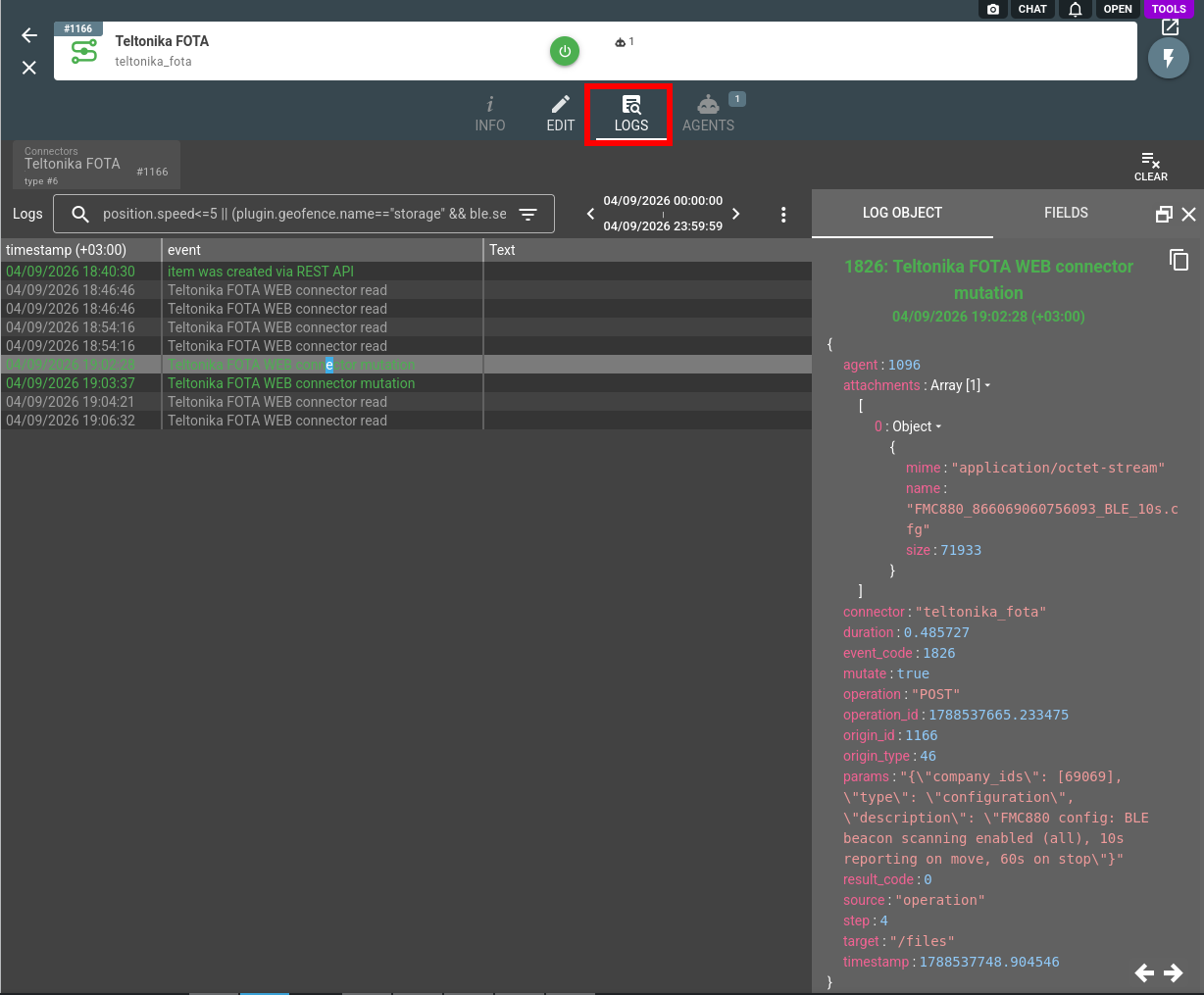teltonika_fota connector logs with the agent reads and mutations