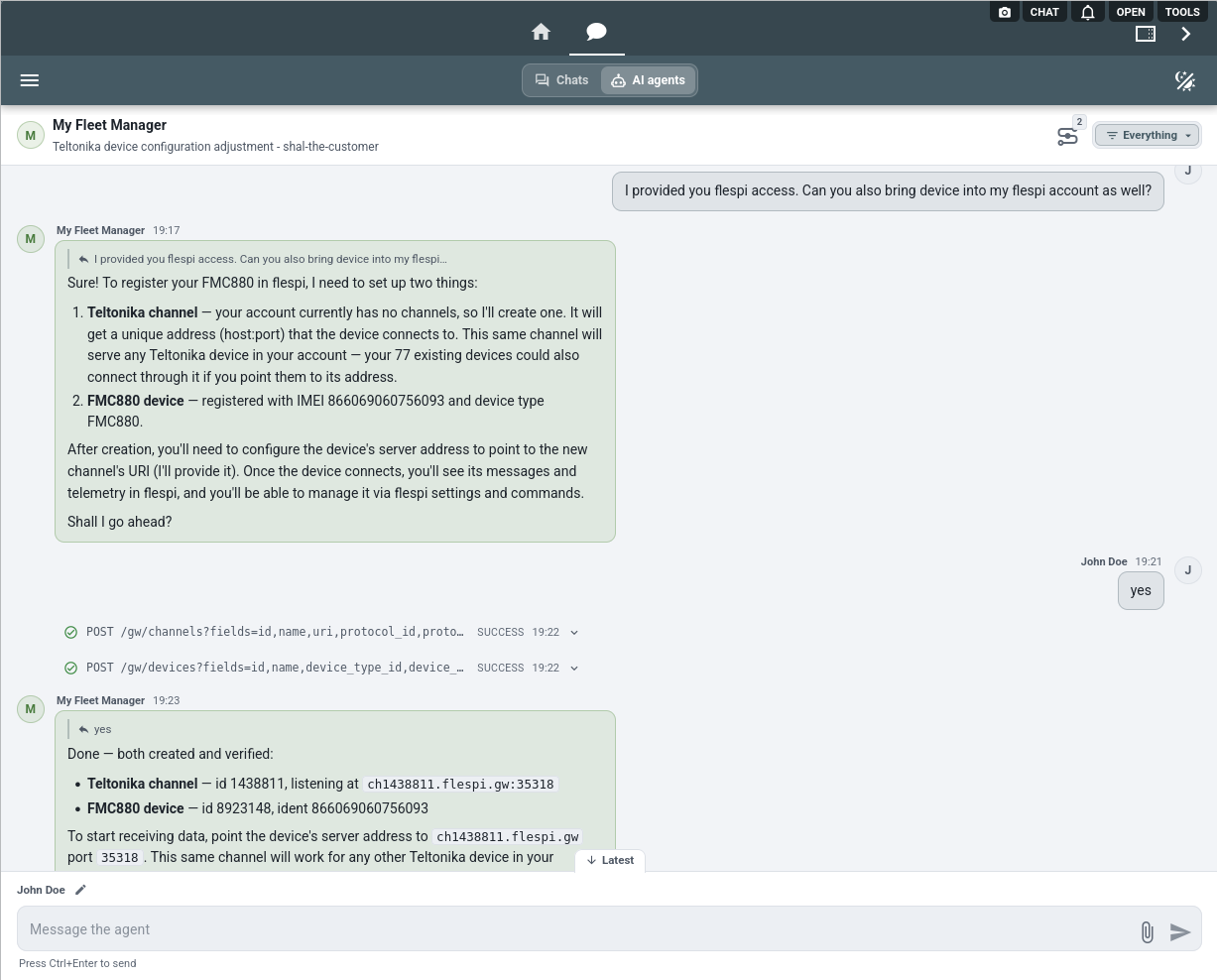 the AI agent creates a Teltonika channel and registers the device in flespi