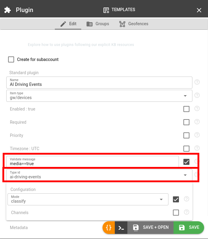 ai-driving-events plugin configuration in the flespi panel