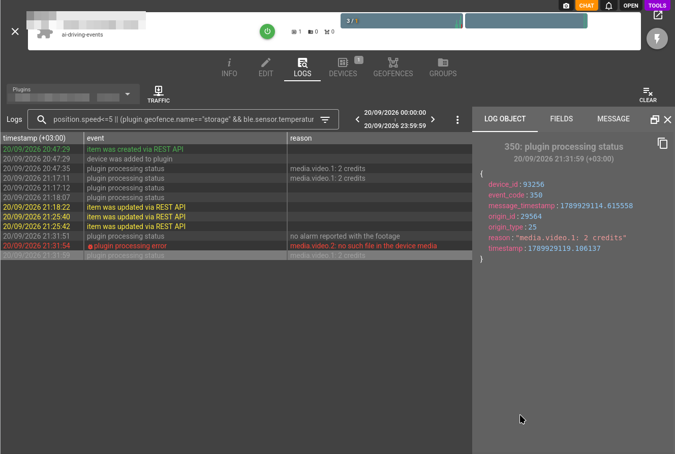 ai-driving-events plugin logs with the reasons
