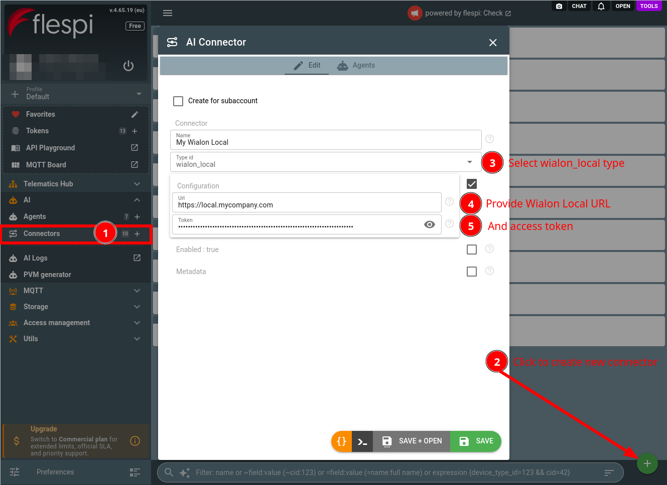 create a wialon local AI connector with the site address and the token