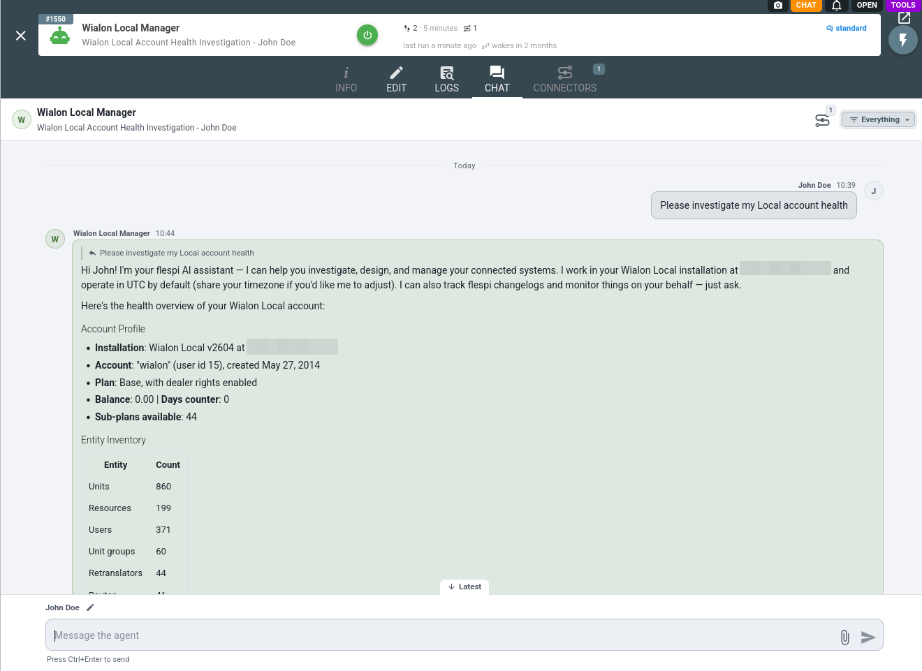the AI agent reports the wialon local release and inventory
