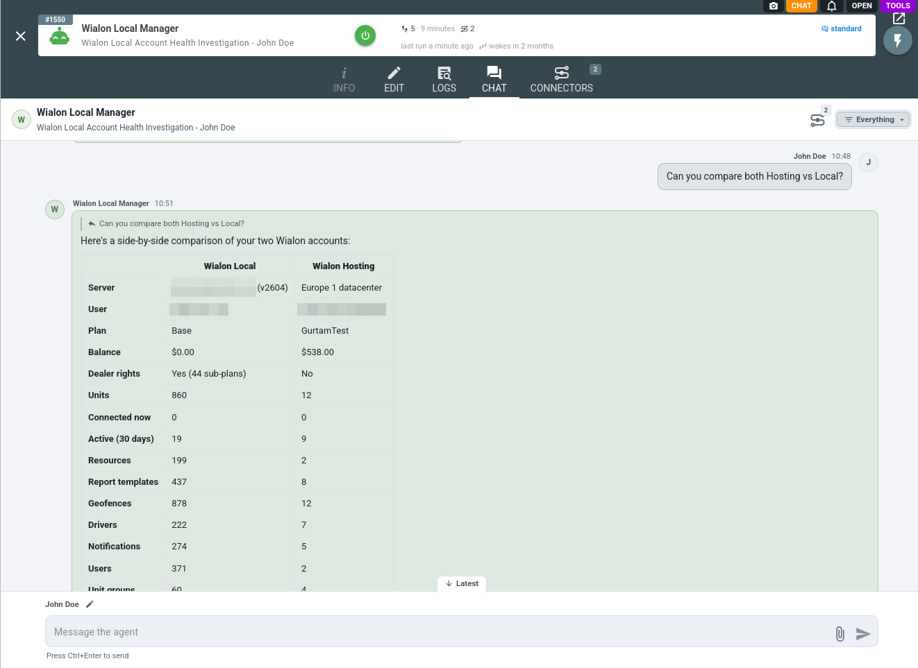 the AI agent compares the wialon local installation with the wialon hosting account