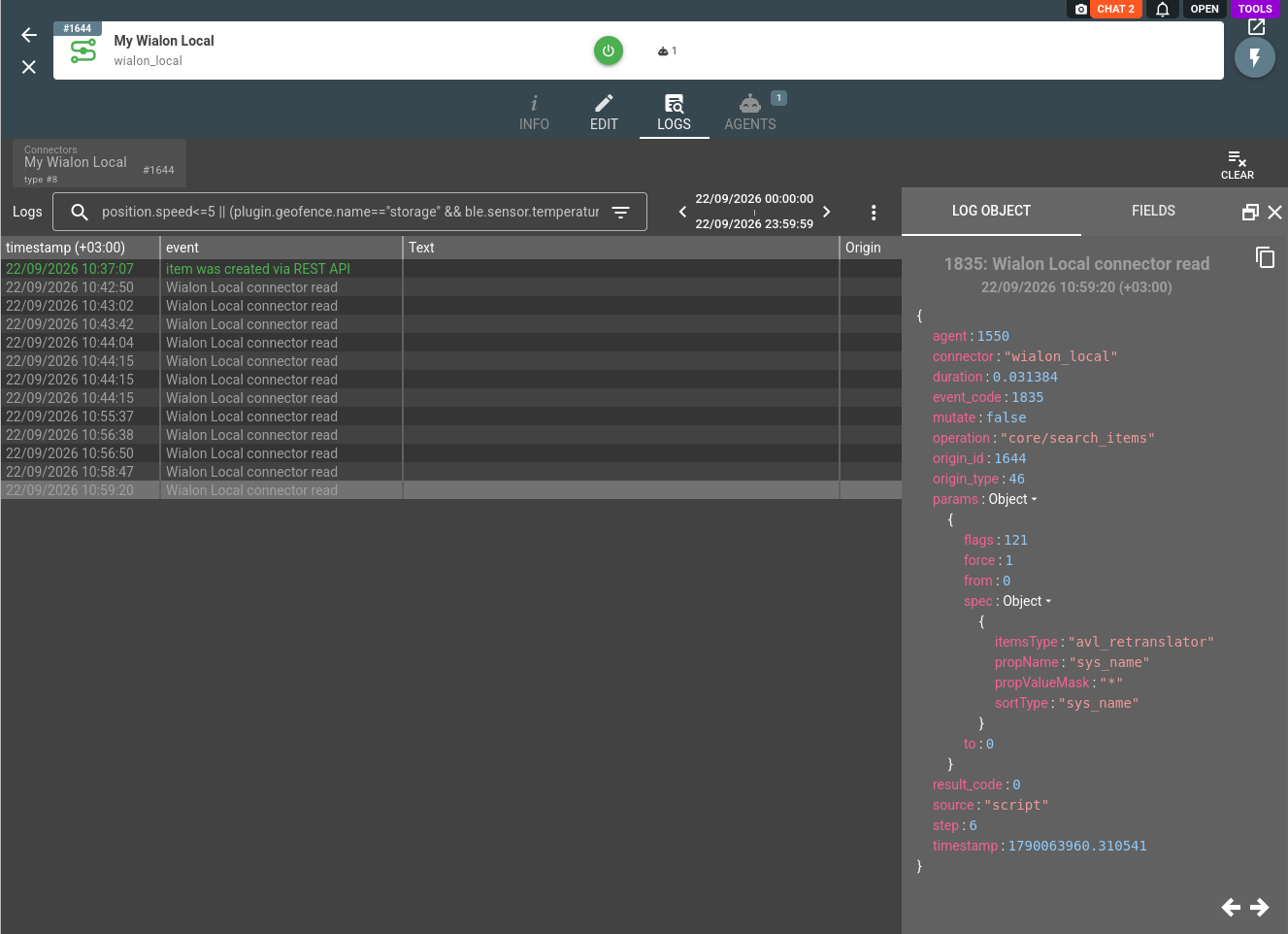 wialon local connector logs with the agent operations