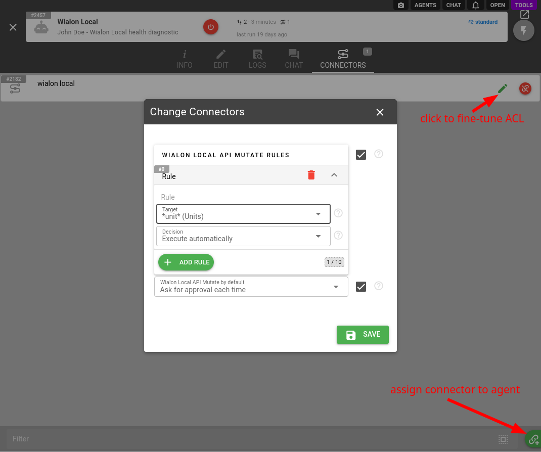 assign the wialon local connector to the AI agent and choose the mutate rule