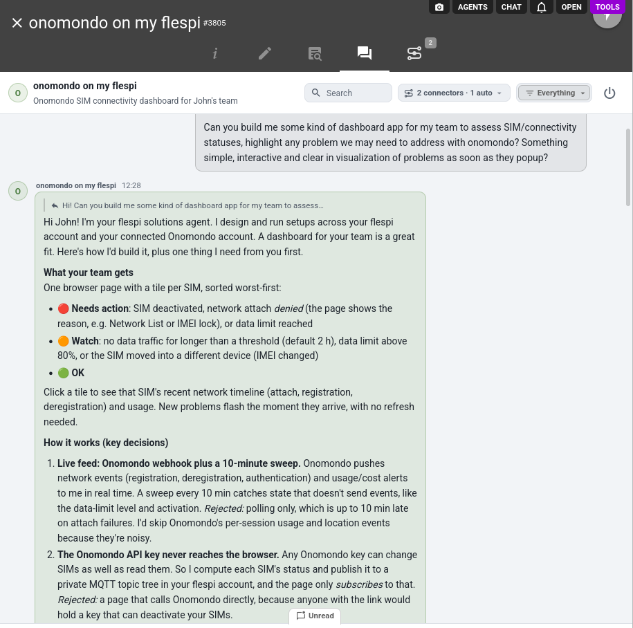 the AI agent designs the SIM dashboard and explains its key decisions