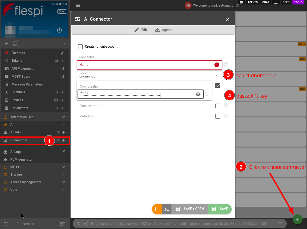 create an Onomondo AI connector in the flespi panel