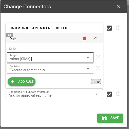 the Onomondo API Mutate rules of the connector assigned to the AI agent