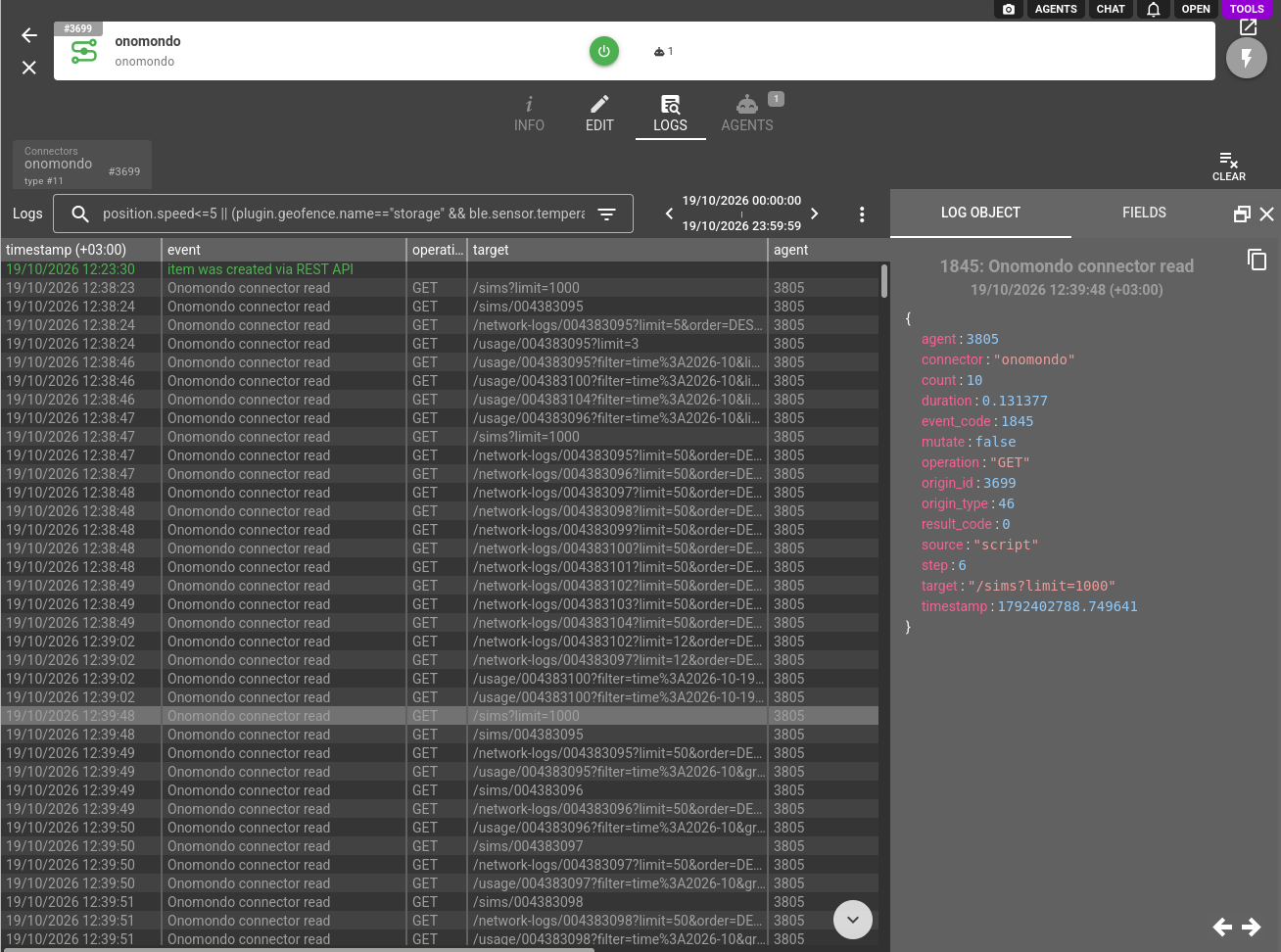 Onomondo connector logs with the agent reads of the SIM dashboard poll