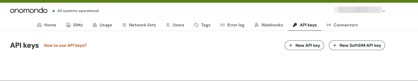 the API keys tab of the Onomondo app with the New API key button