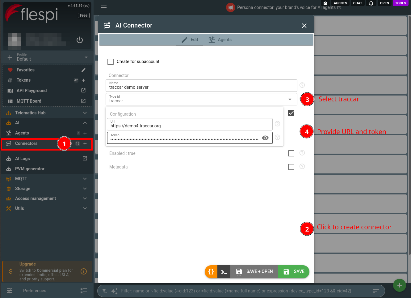 create a Traccar AI connector in the flespi panel