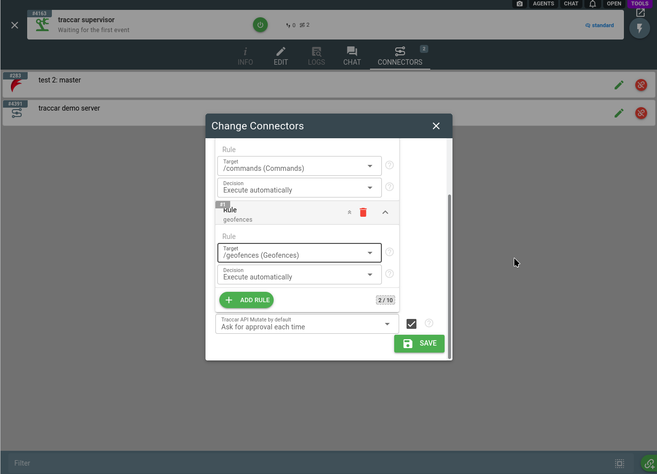 approval rules of the Traccar connector on the agent