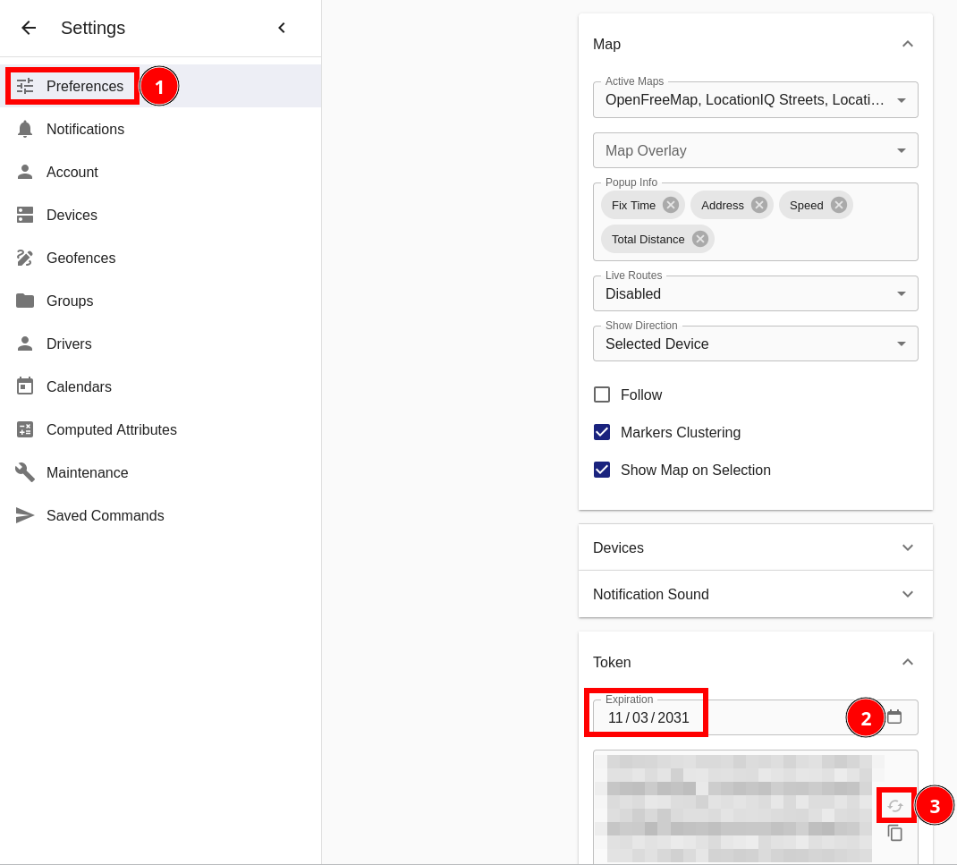 the Token section of the Traccar preferences with a distant expiration date