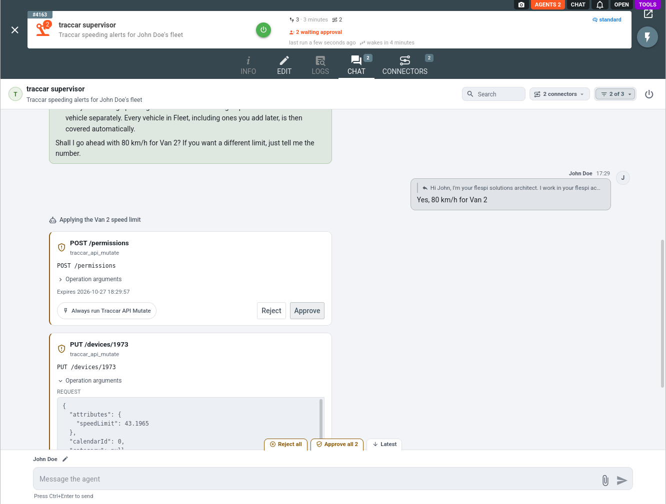 two Traccar API calls waiting for approval in the agent chat