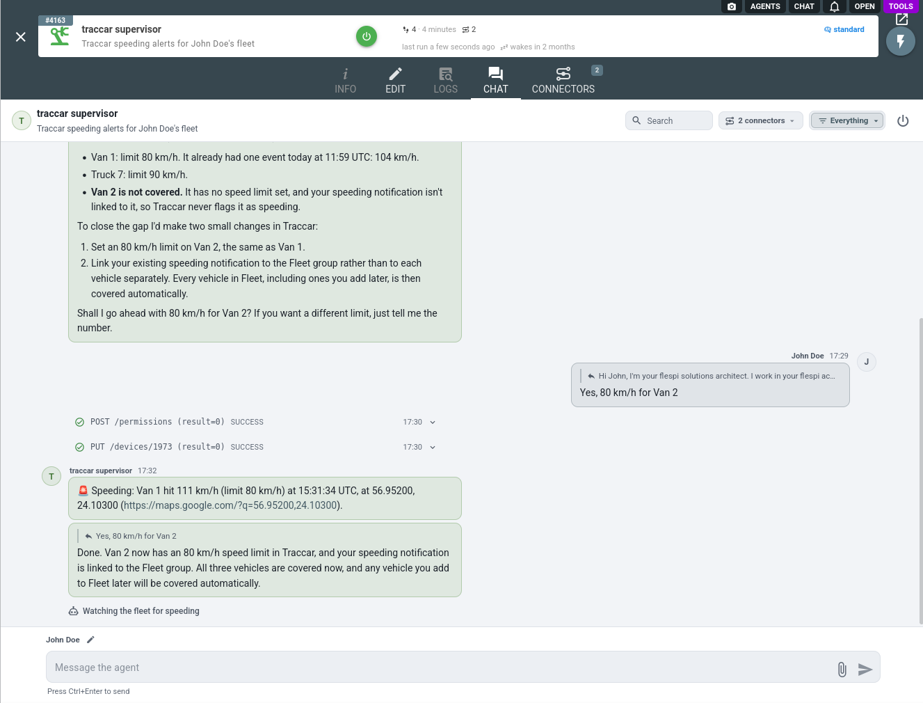 an alert from the live watch in the agent chat