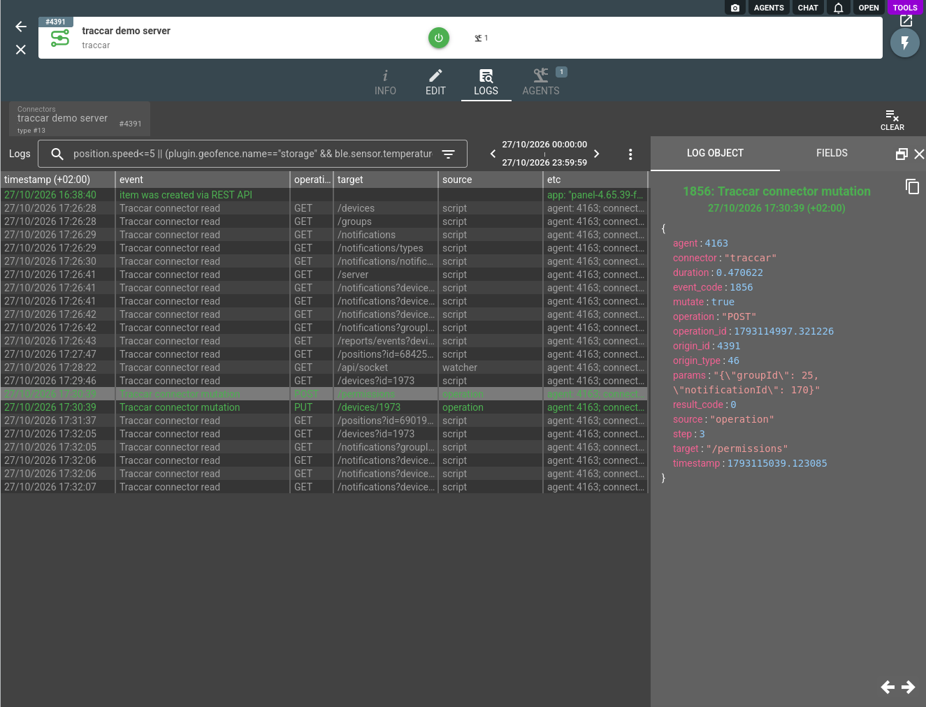 the Traccar connector logs with a mutation record