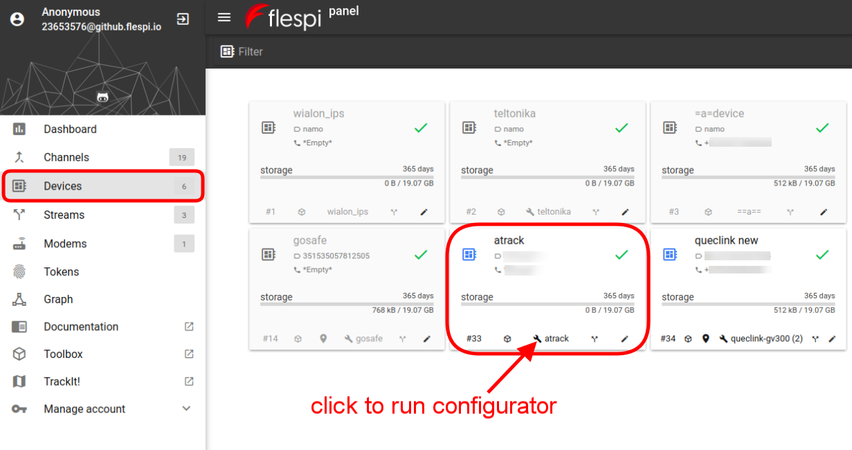 flespi devices click wrench to open configurator