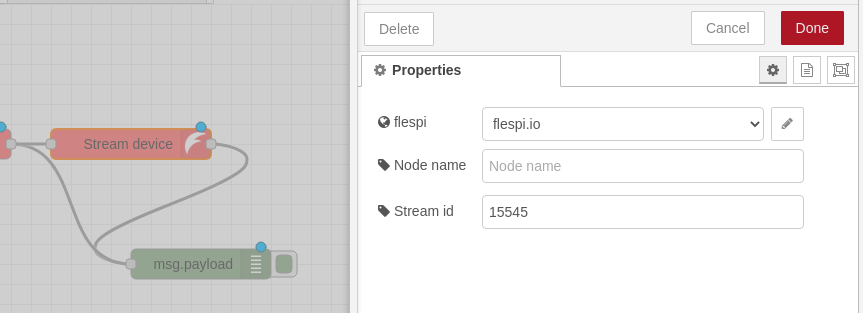 node-red flespi create device node assign stream