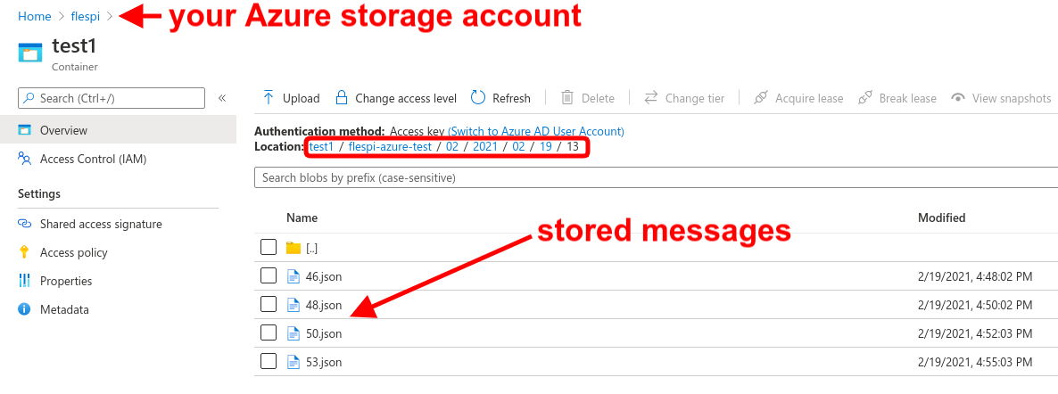 azure storage account json files