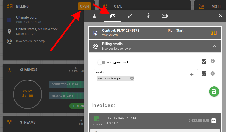 billing info in flespi panel